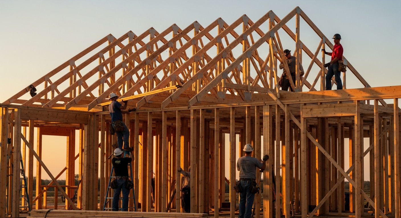 Golden hour residential home framing jobsite with exposed lumber and roof trusses