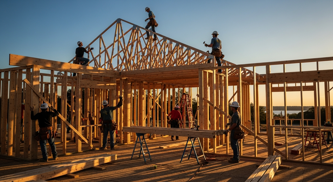 Residential home framing photo with exposed studs and roof structure