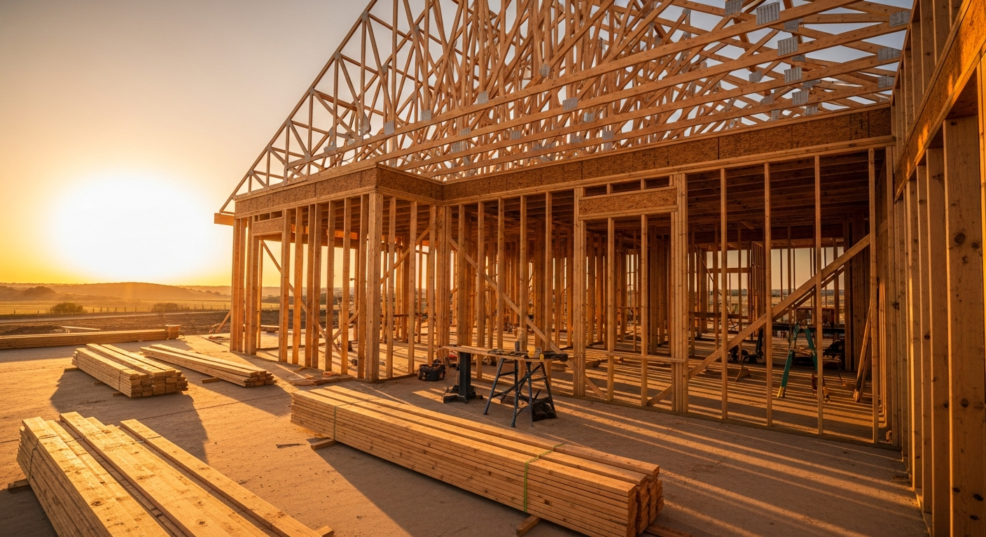 New construction framing photo with roof trusses and clean jobsite