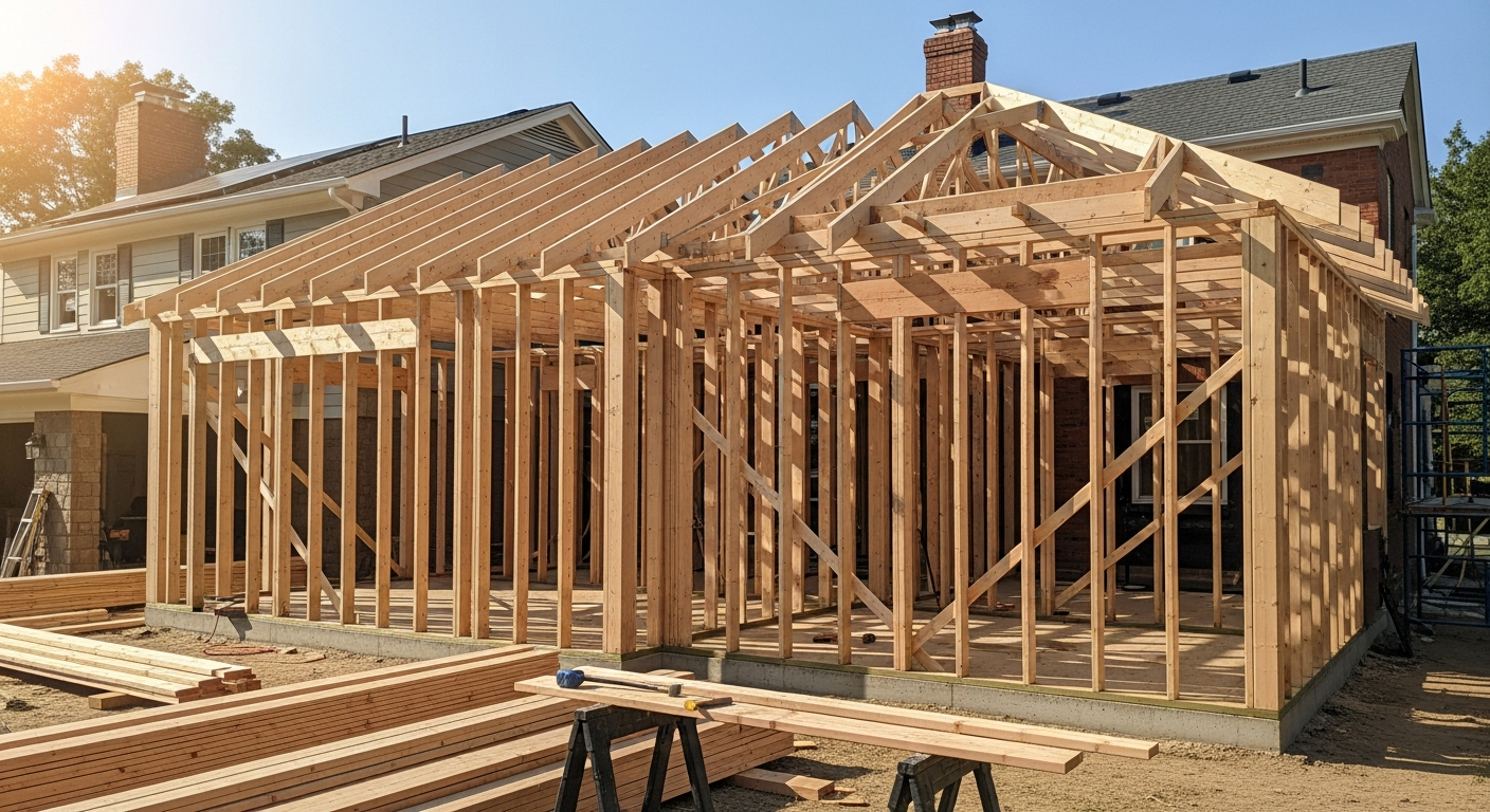 Room addition framing photo tied into existing home structure