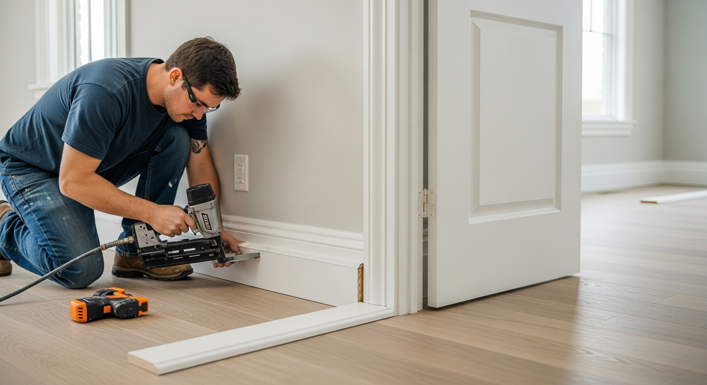 Premium interior trim carpentry with crisp baseboards and warm wood finish