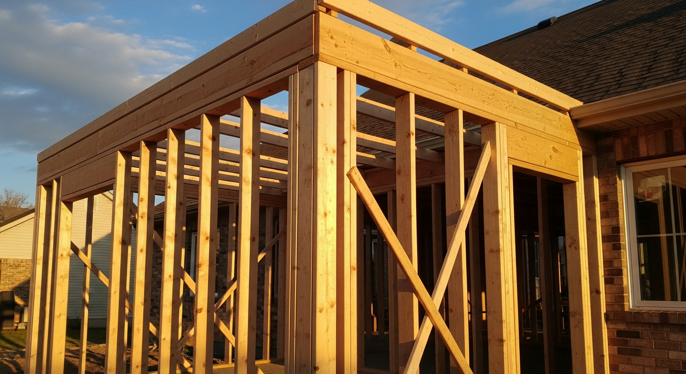 Residential remodel addition framing tied cleanly into an existing home