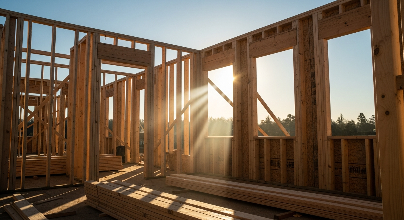 Window rough opening framing photo with square lumber and sunlight